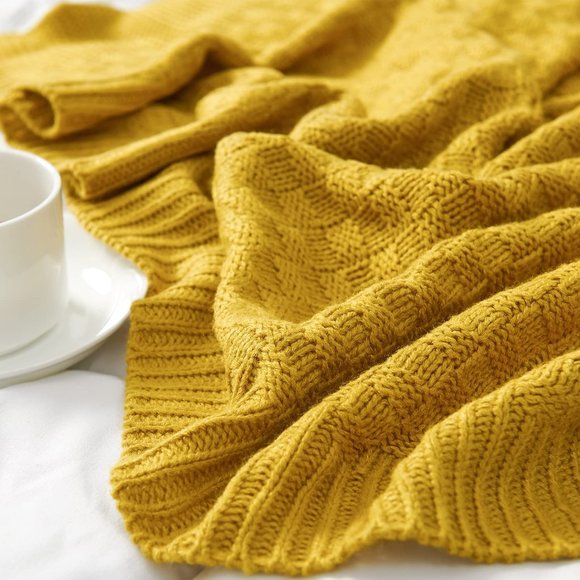 Waffle Knit Cable Knit Weave Square Pattern Decorative Bed Warm Accent Blanket - Picture 3 of 7